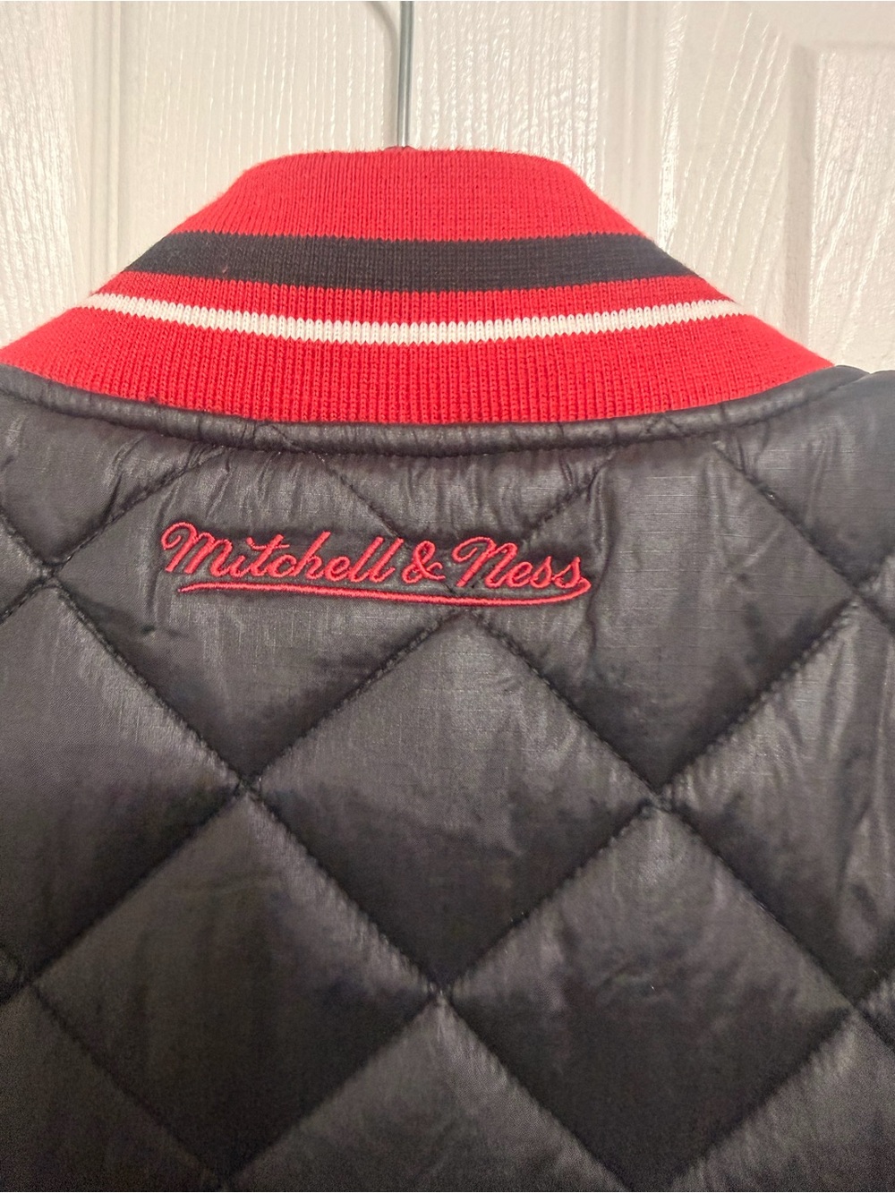 Mitchell & Ness Kids Quilted Black Puffer Jacket with Red Collar
